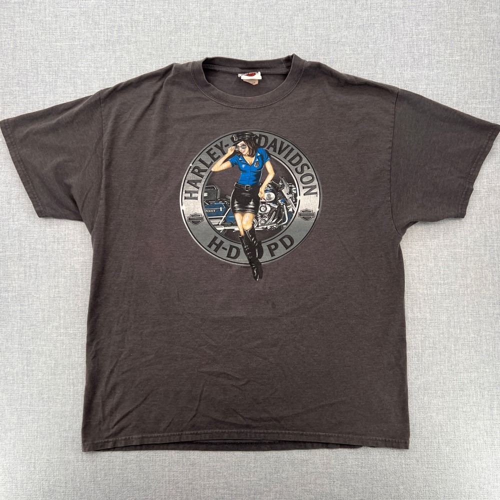 Harley-Davidson H-D PD Pinup Police Graphic T Shirt Men XL Gray Six Bends FL